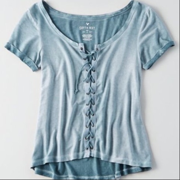American Eagle Outfitters Tops - American Eagle Light Blue Lace Up T-Shirt